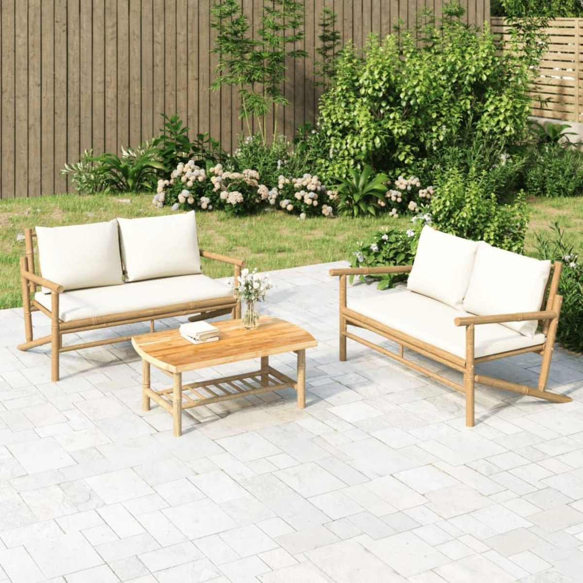 VIDAXL Salon de jardin 2 pcs avec coussins blanc creme bambou