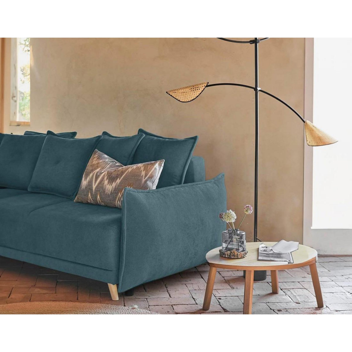 BEST MOBILIER Lena - canapé d'angle gauche convertible - 5 places - bleu canard - style scandinave - bleu canard