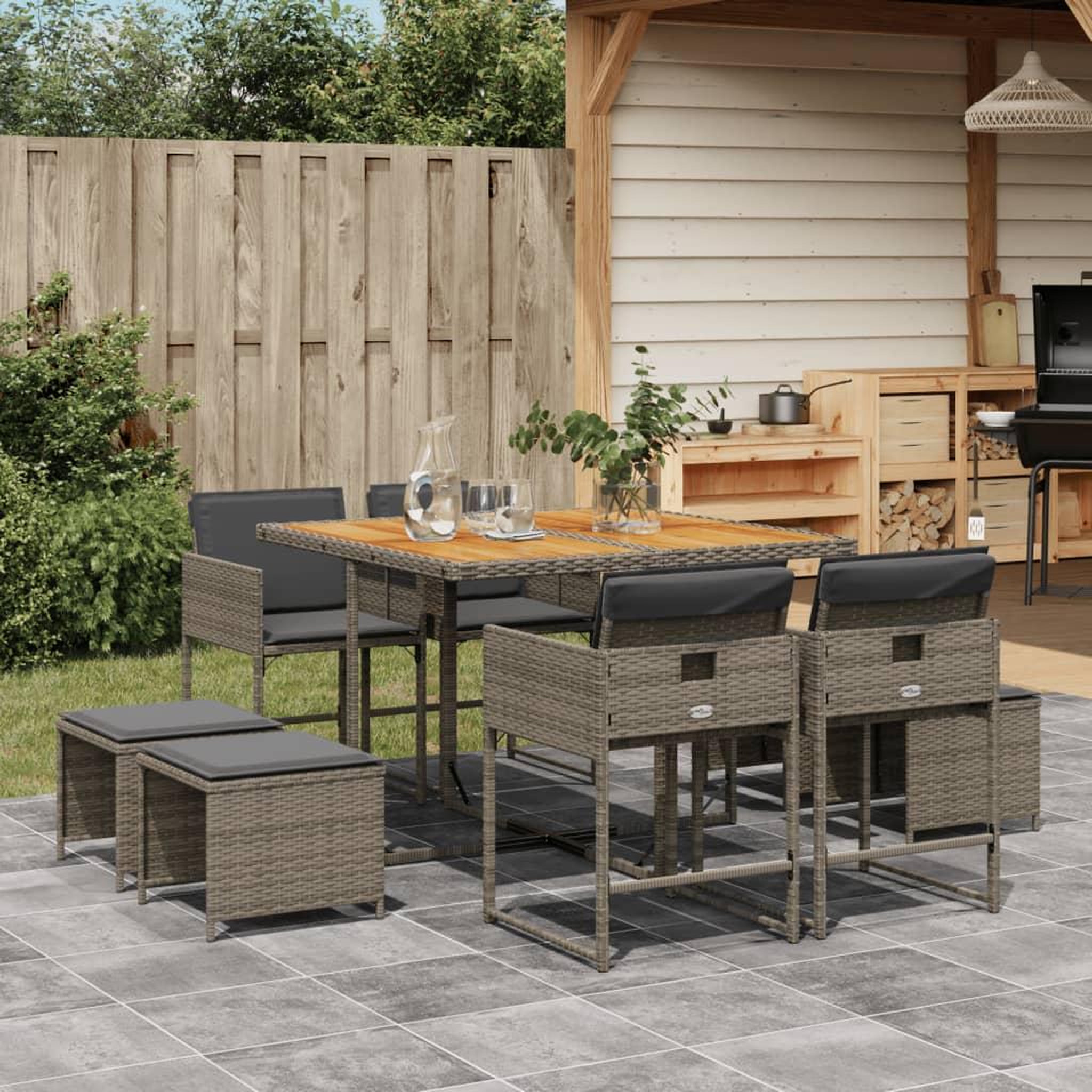 VIDAXL Ensemble a manger de jardin 9 pcs coussins gris resine tressee