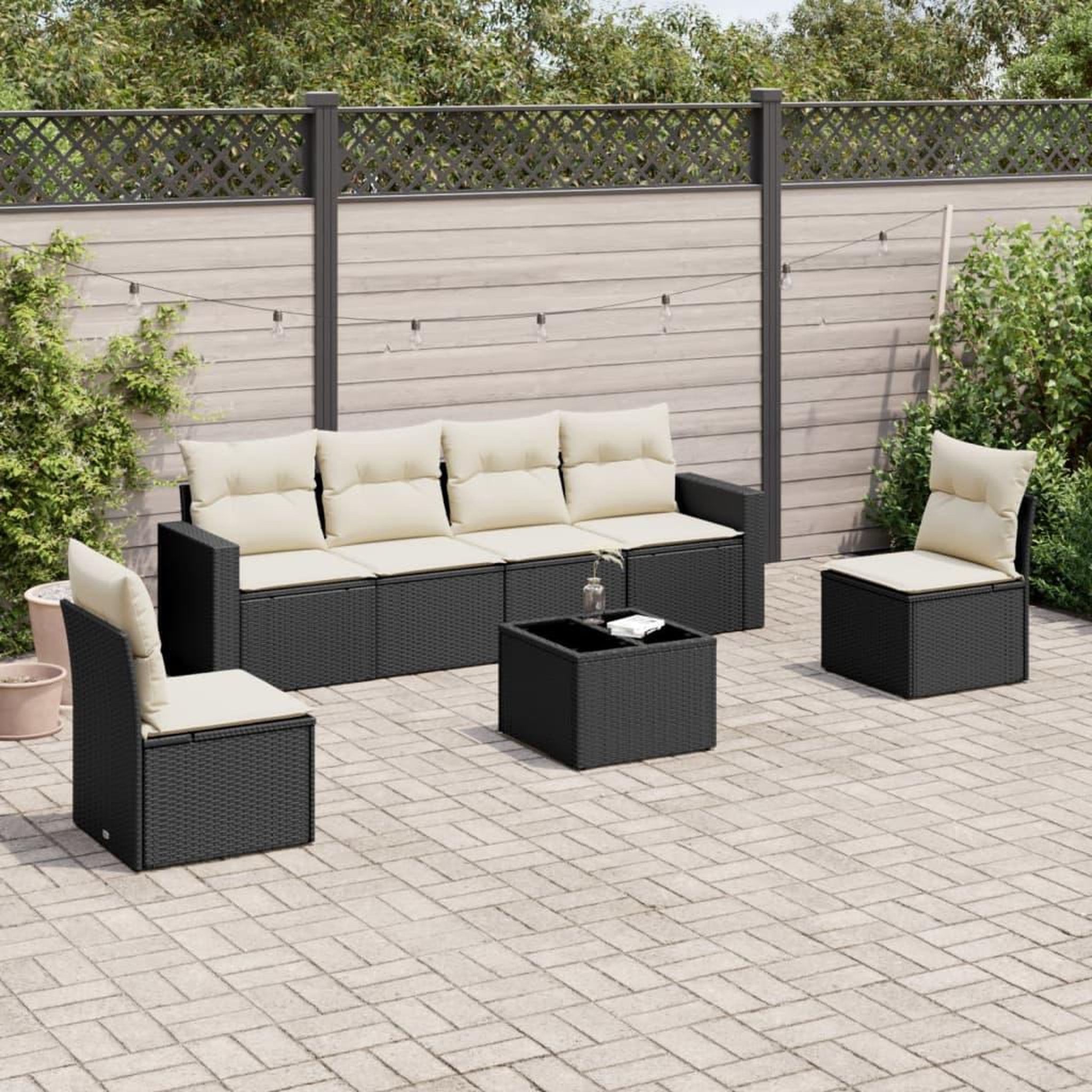 VIDAXL Salon de jardin 7 pcs avec coussins noir resine tressee