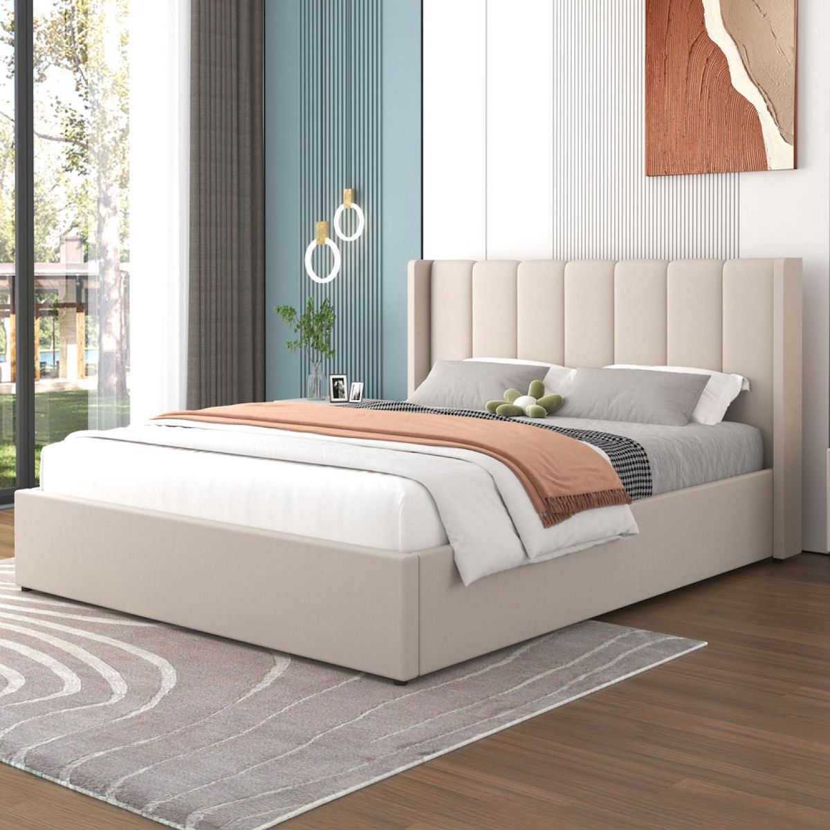 CONCEPT USINE Lit design avec coffre de rangement 140x190cm en velours beige ARLINGTON