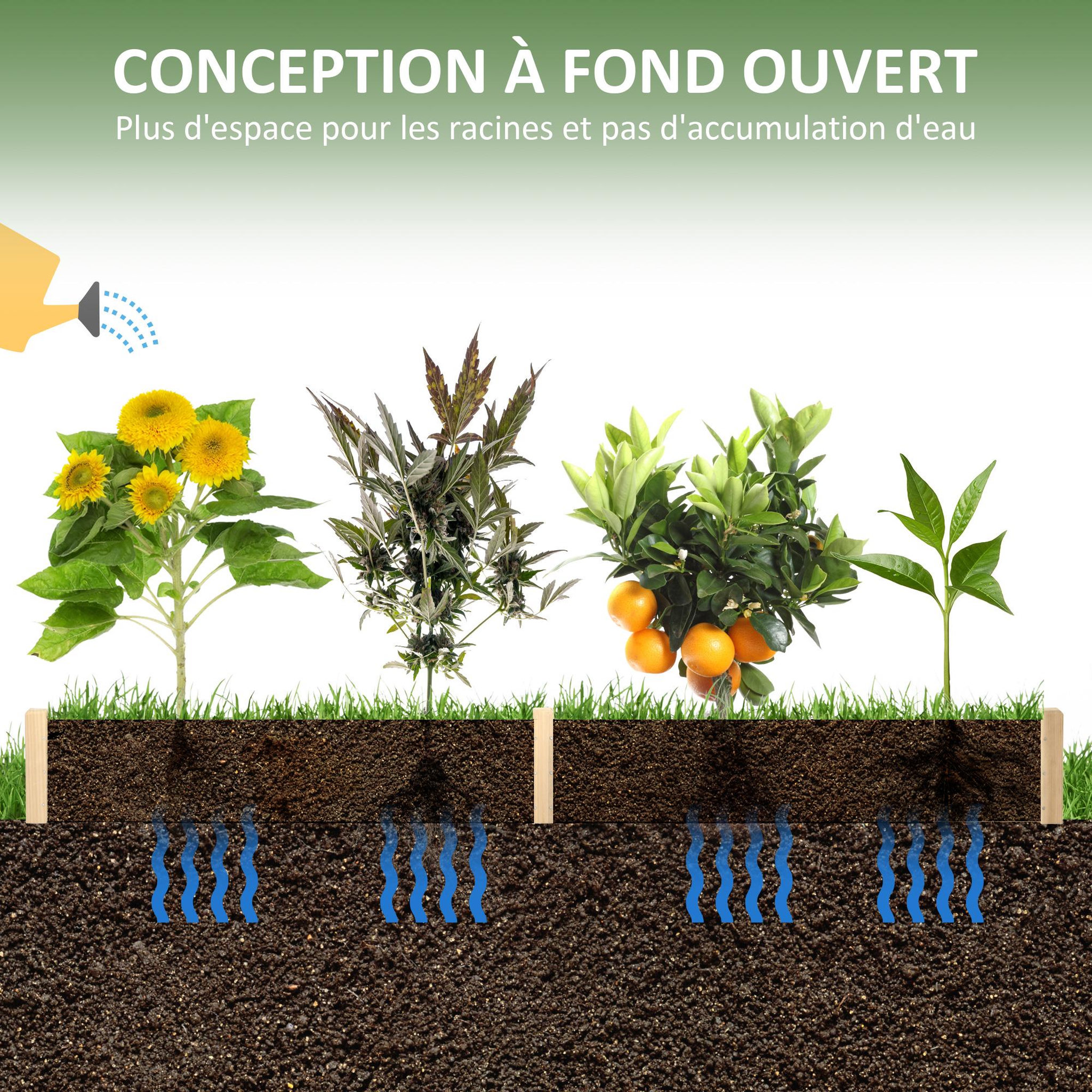 Voir la diapositive 5 : OUTSUNNY Carré potager de jardin dim. 244 x 61,5 x 27 cm feutre de drainage, séparation inclus bois de sapin