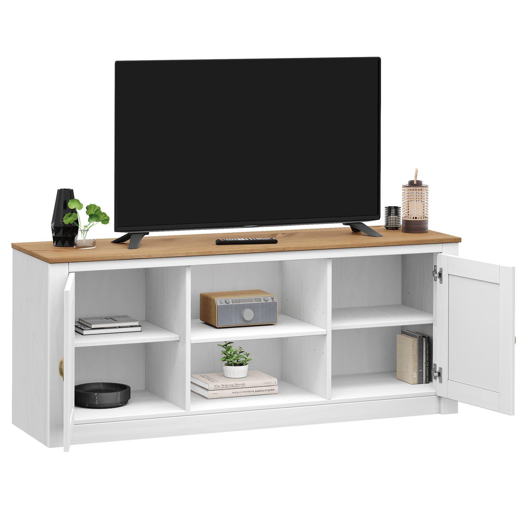 Voir la diapositive 5 : IDIMEX Meuble TV BOLTON 2 portes et 2 niches, en pin massif