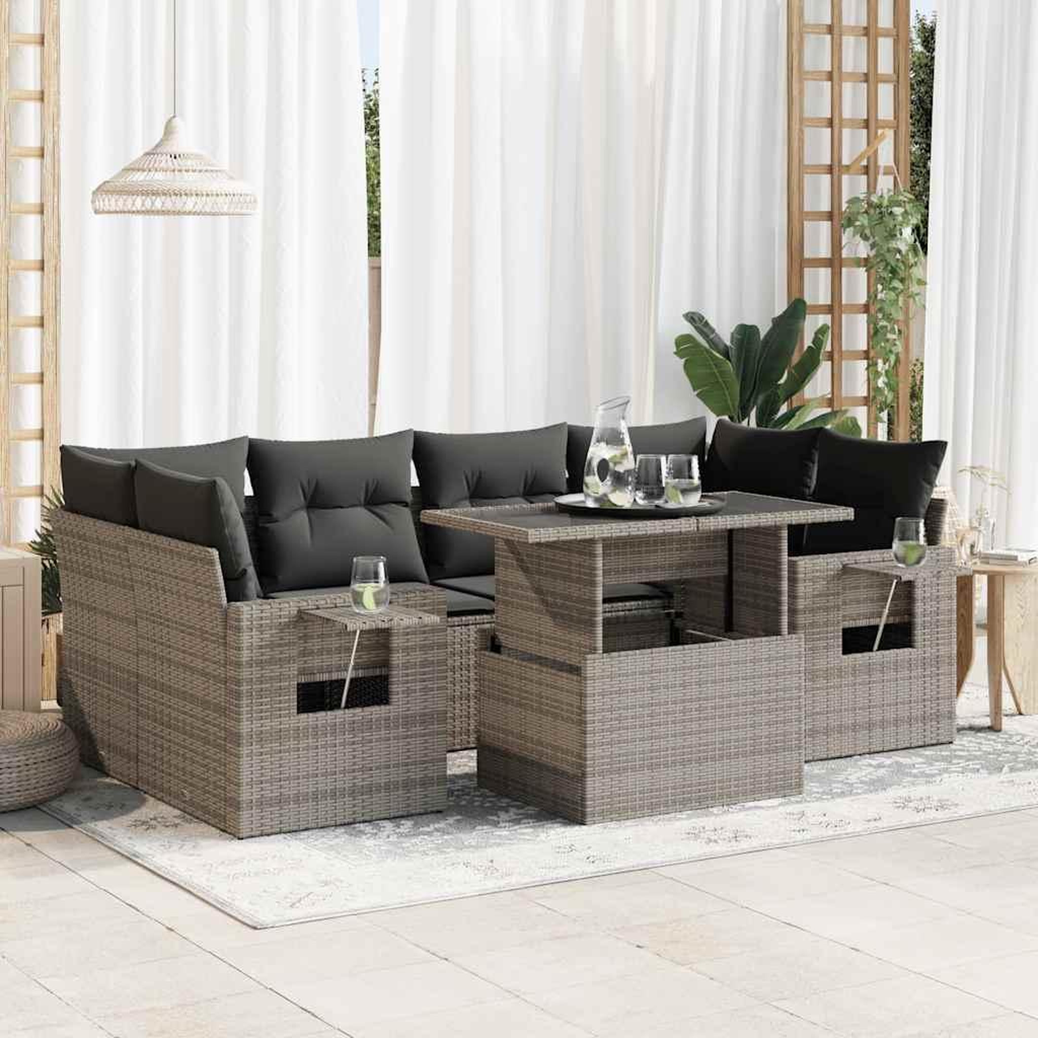 VIDAXL Salon de jardin avec coussins 7 pcs gris resine tressee