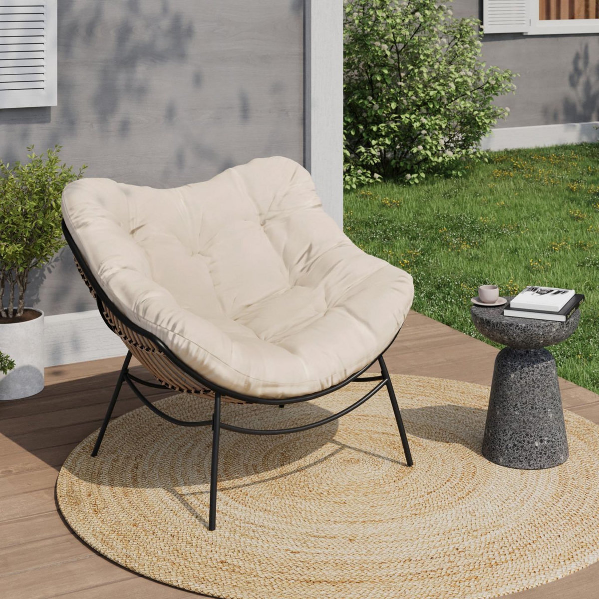 ID MARKET Fauteuil de jardin relax LOA effet rotin avec coussin écru