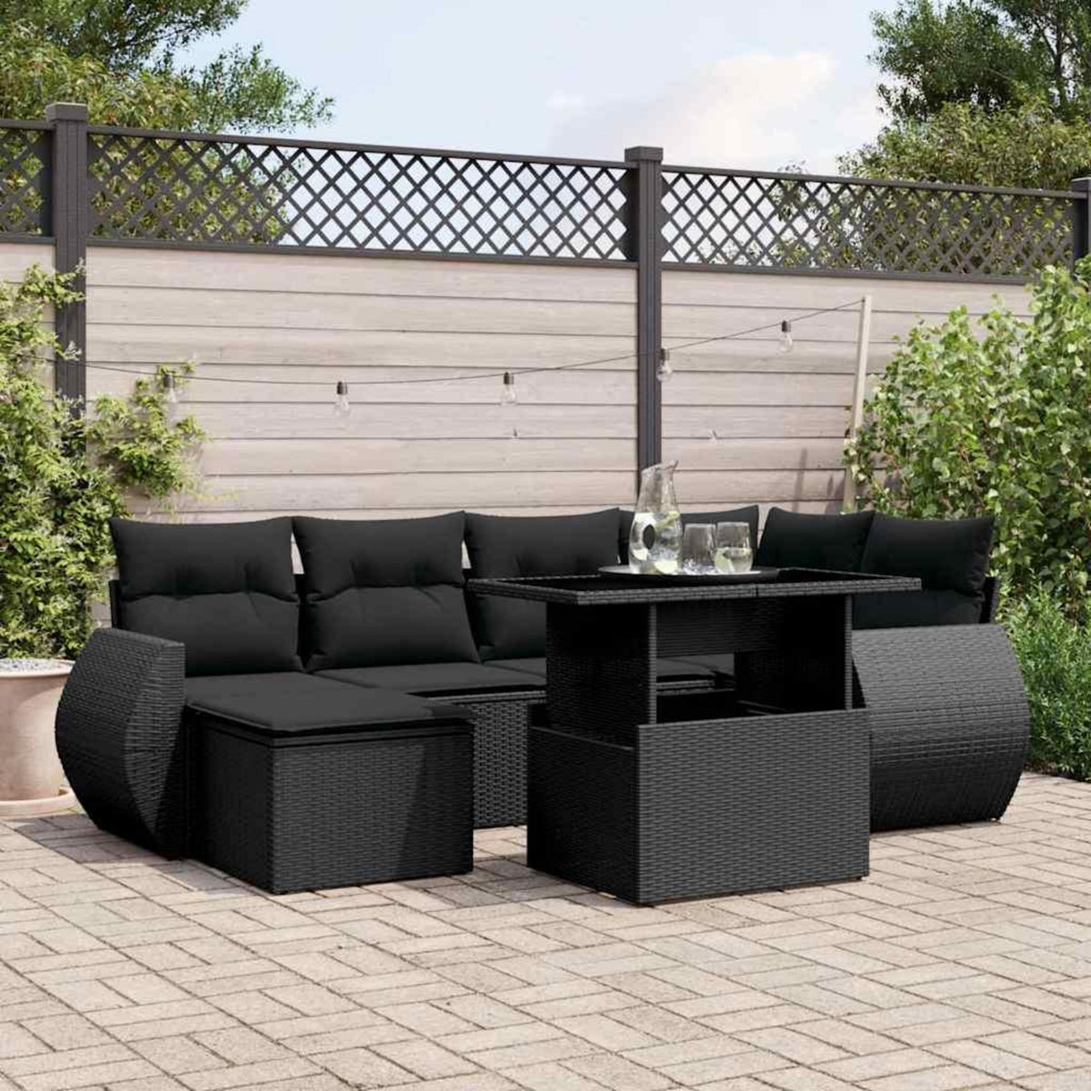 VIDAXL Salon de jardin 7 pcs avec coussins noir resine tressee