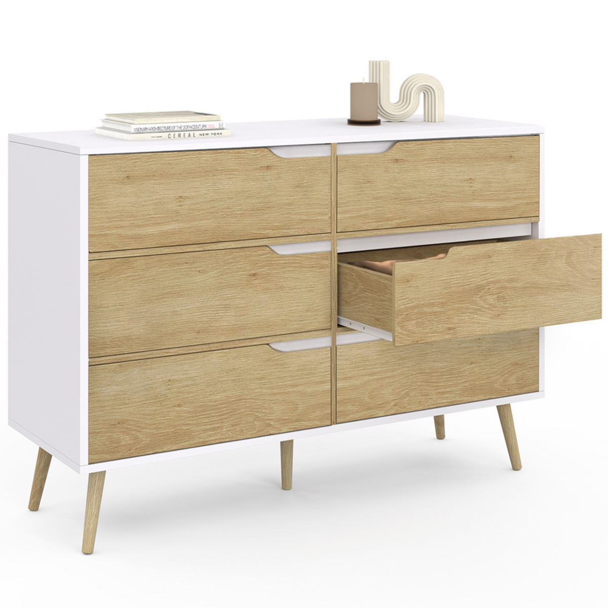 ID MARKET Commode 6 tiroirs HELSINKI 115 cm scandinave blanc et effet hêtre