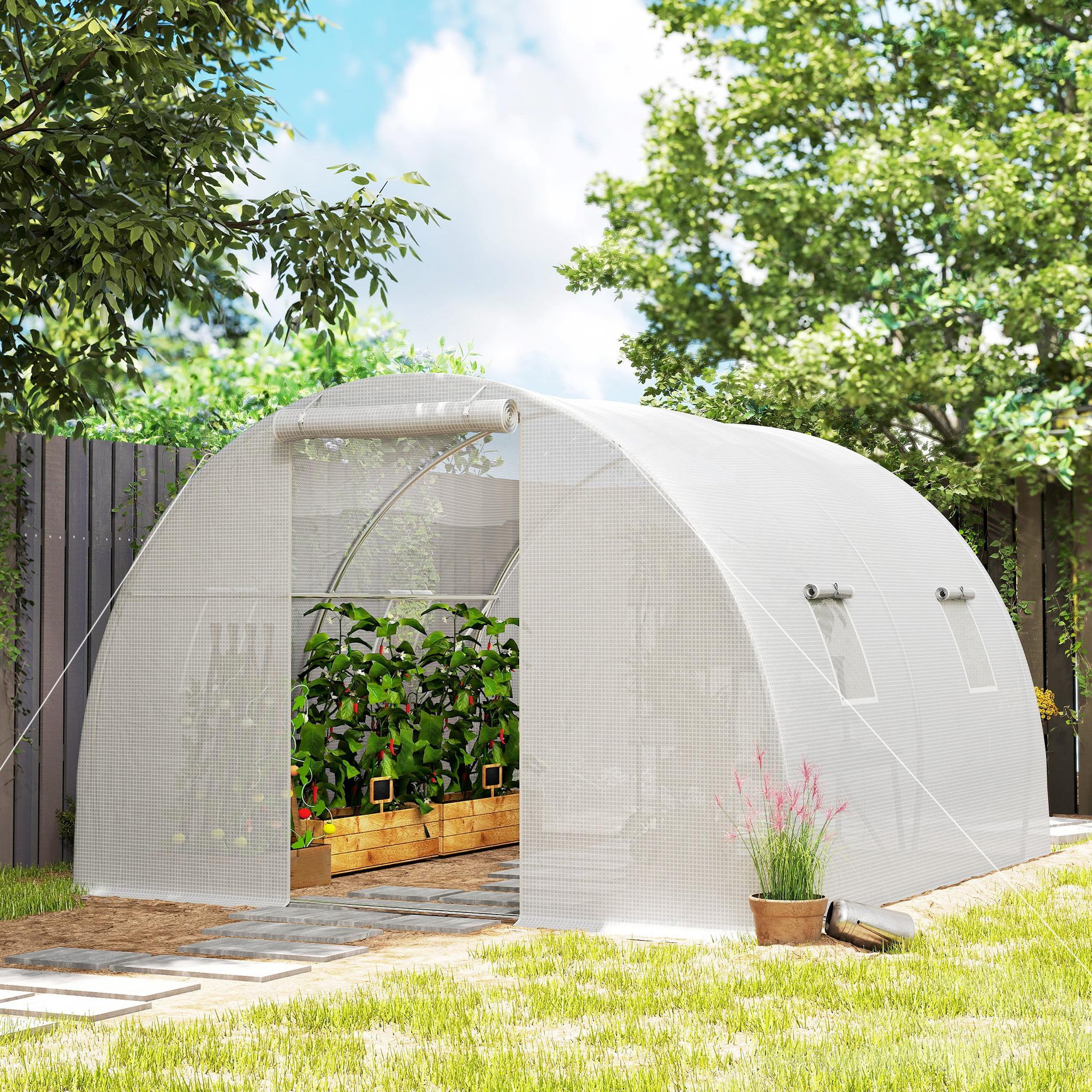 Voir la diapositive 4 : OUTSUNNY Serre de jardin tunnel 4 fenêtres acier galvanisé bâche pe blanc