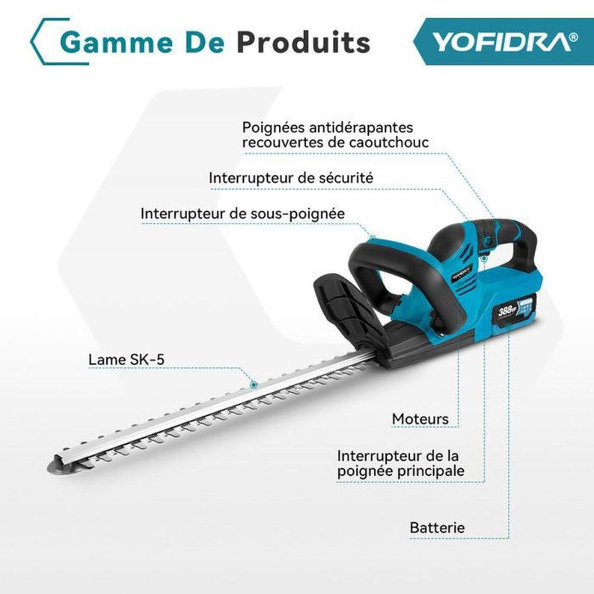 Voir la diapositive 2 : Tronçonneuse de haies électrique sans fil 55 cm lames double face, moteur 500 W 9 000–13 000 tr/min, 2 batteries 3,0 Ah