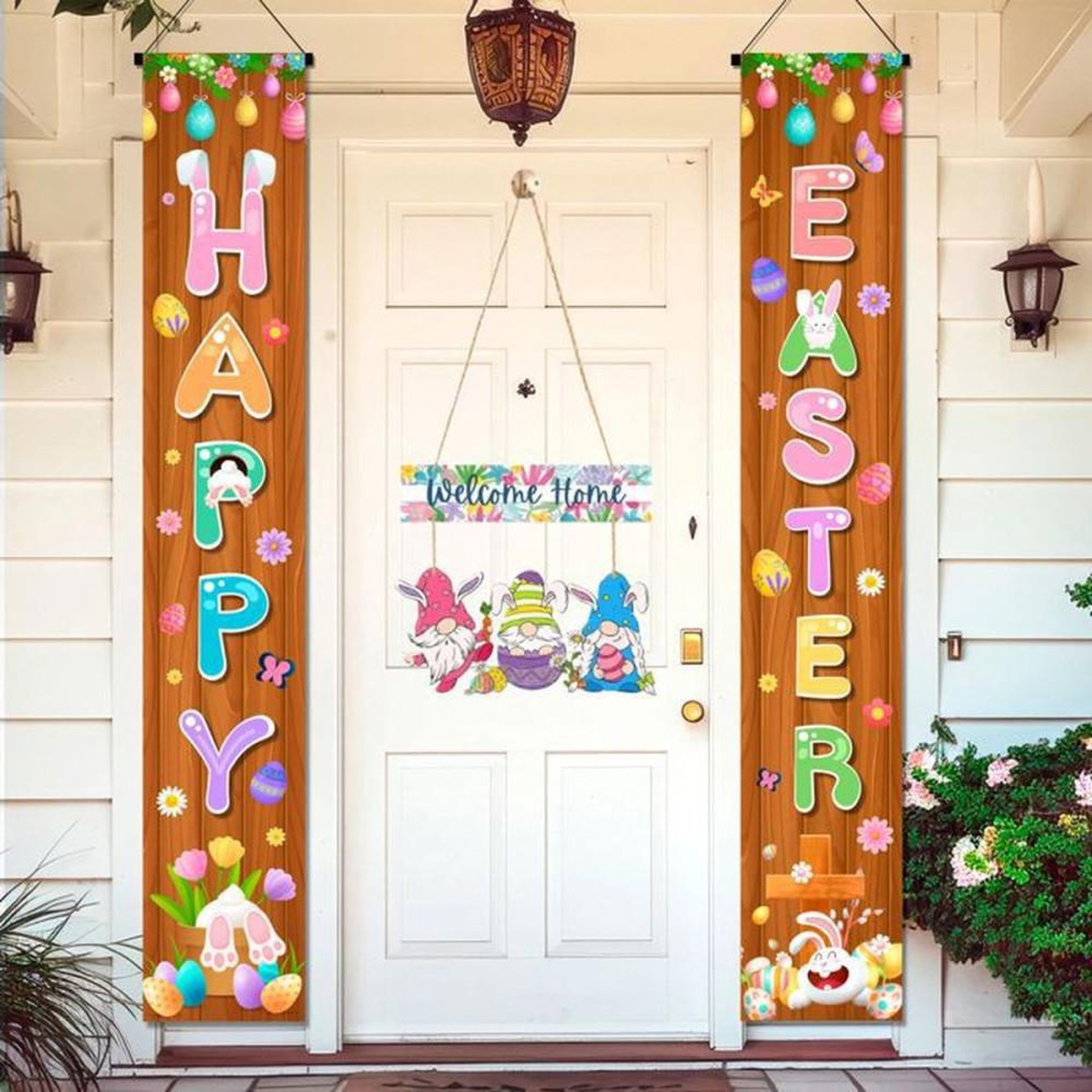 Voir la diapositive 6 : Panneau de décoration suspendu en bois massif pour Pâques avec message « Welcome Home » et 2 gnomes