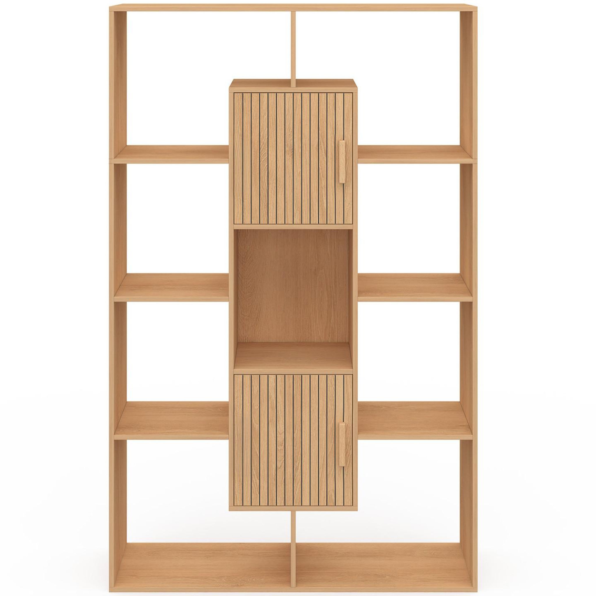 Voir la diapositive 3 : ID MARKET Etagère bibliothèque colette avec 11 compartiments et 2 cases juliette effet lattes 143 cm