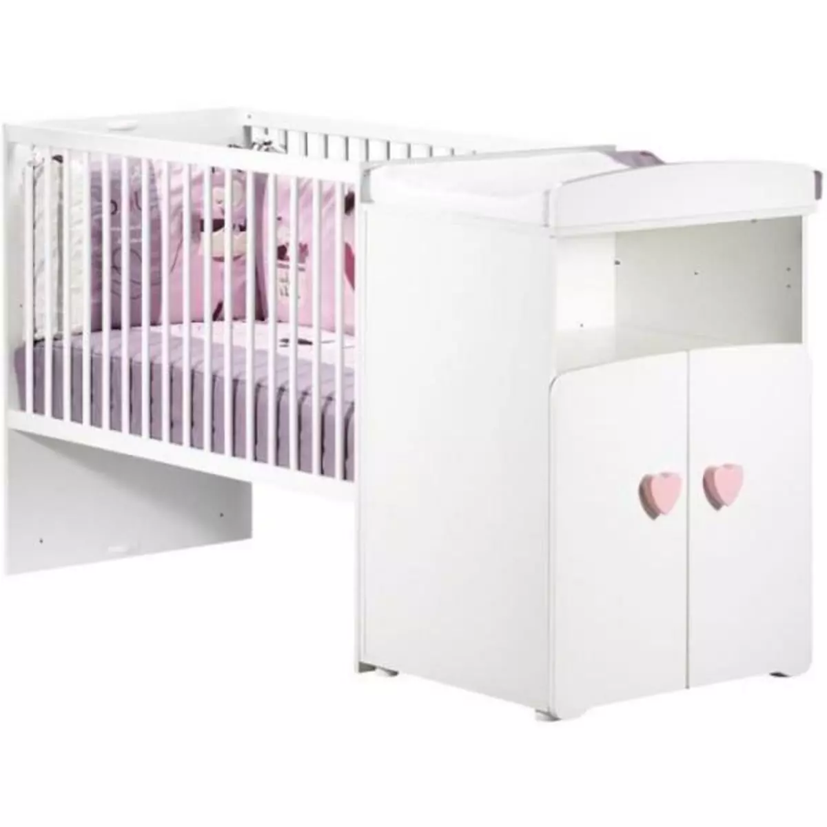 BABY PRICE Lit bébé combiné évolutif - BABY PRICE - Basic - Blanc - Bouton coeur rose -60 x 120 cm