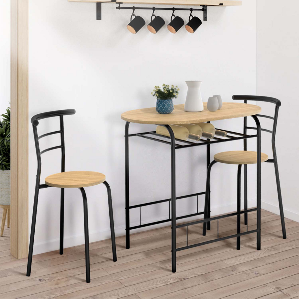ID MARKET Ensemble table LYNETH  2 personnes + 2 chaises bois et métal noir