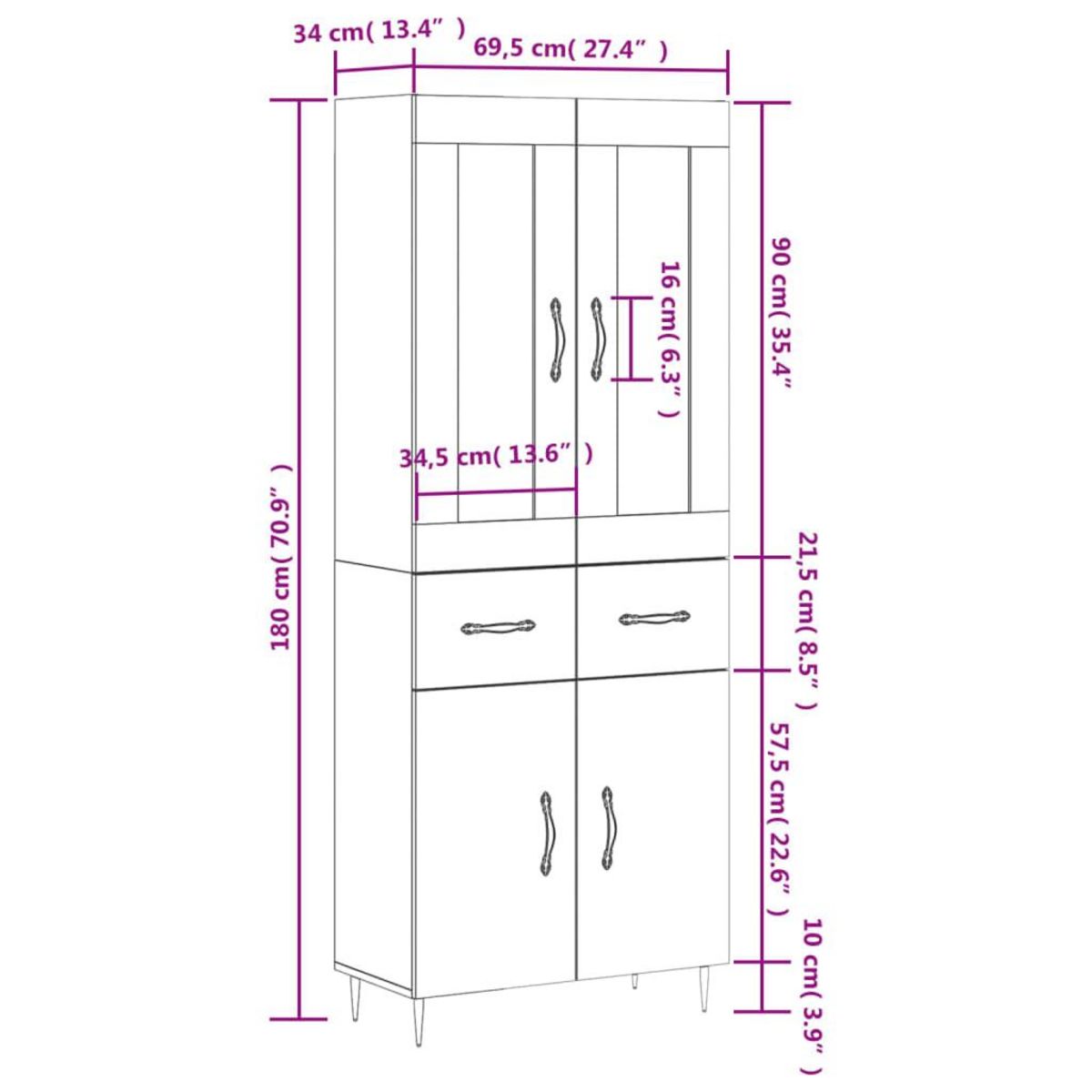 VIDAXL Buffet haut Gris beton 69,5x34x180 cm Bois d'ingenierie