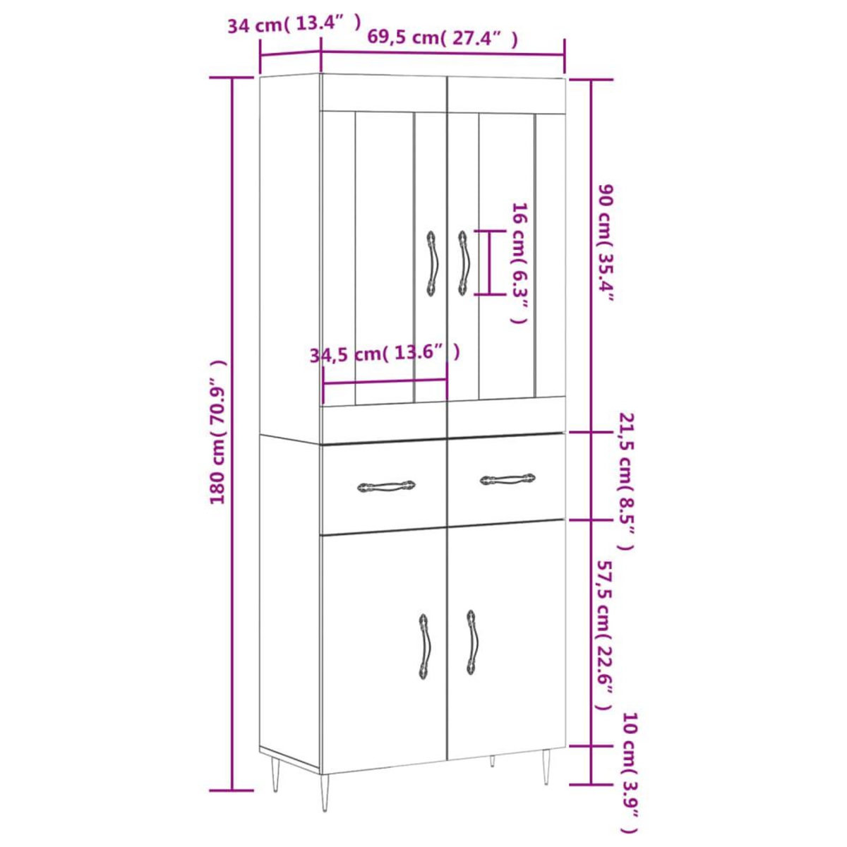 VIDAXL Buffet haut Gris beton 69,5x34x180 cm Bois d'ingenierie