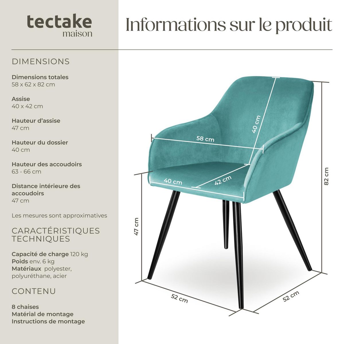 tectake Ensemble de 8 chaises cuir synthétique aspect velours turquoise/ noir