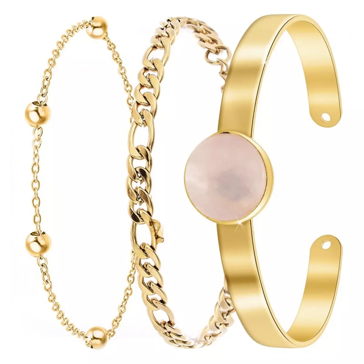  Lot de 3 bracelets SC Bohème en Laiton Finement doré orné d'un quartz rose