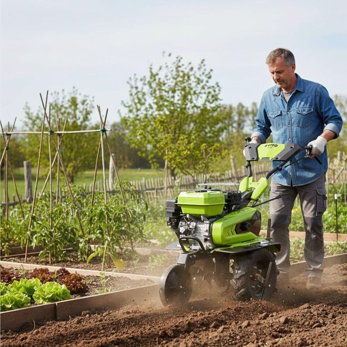 VITO Motoculteur à essence Moteur 4 temps 212 Cm3 7CV 5200W + Jeu de FRAISES + Butteur Idéal Jardin & Maraîchage VITO