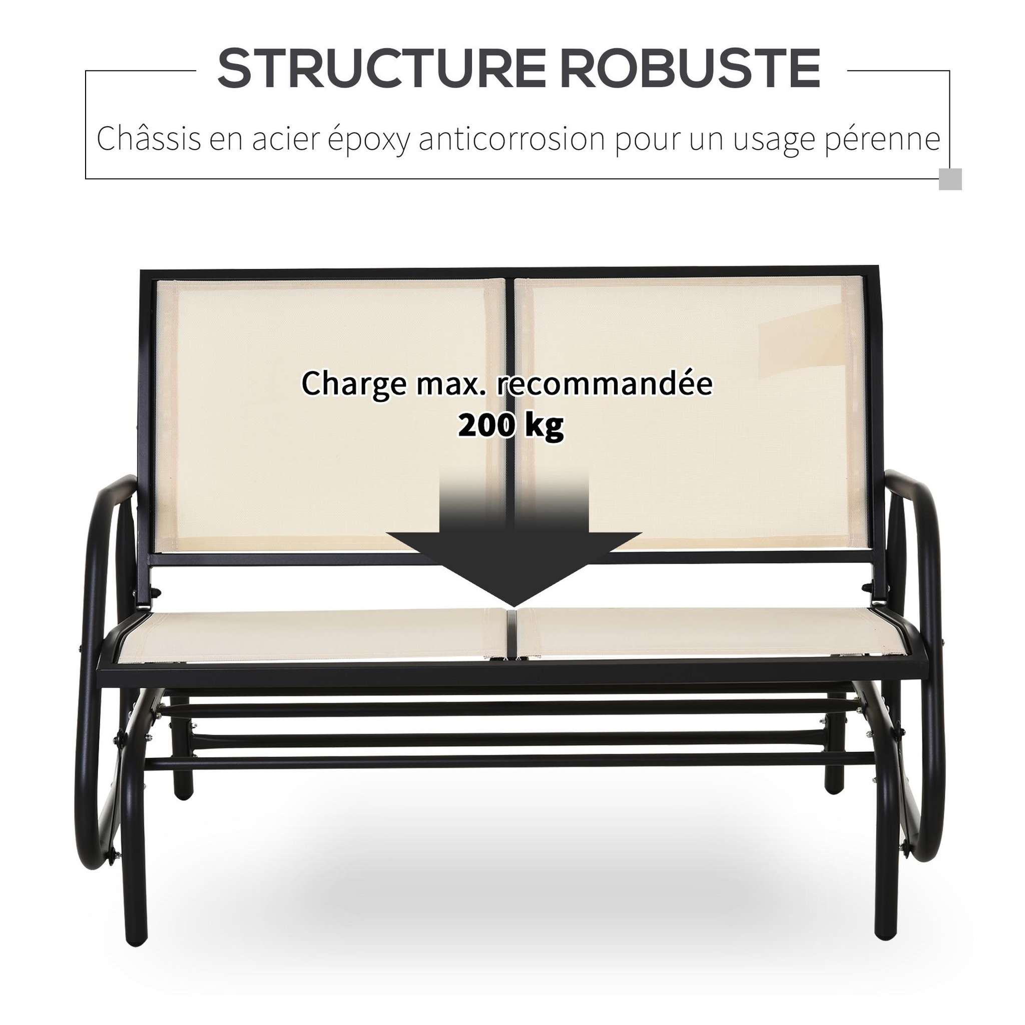 Voir la diapositive 6 : OUTSUNNY Banc à bascule de jardin 2 places design contemporain grand confort accoudoirs assise et dossier ergonomique acier textilène beige