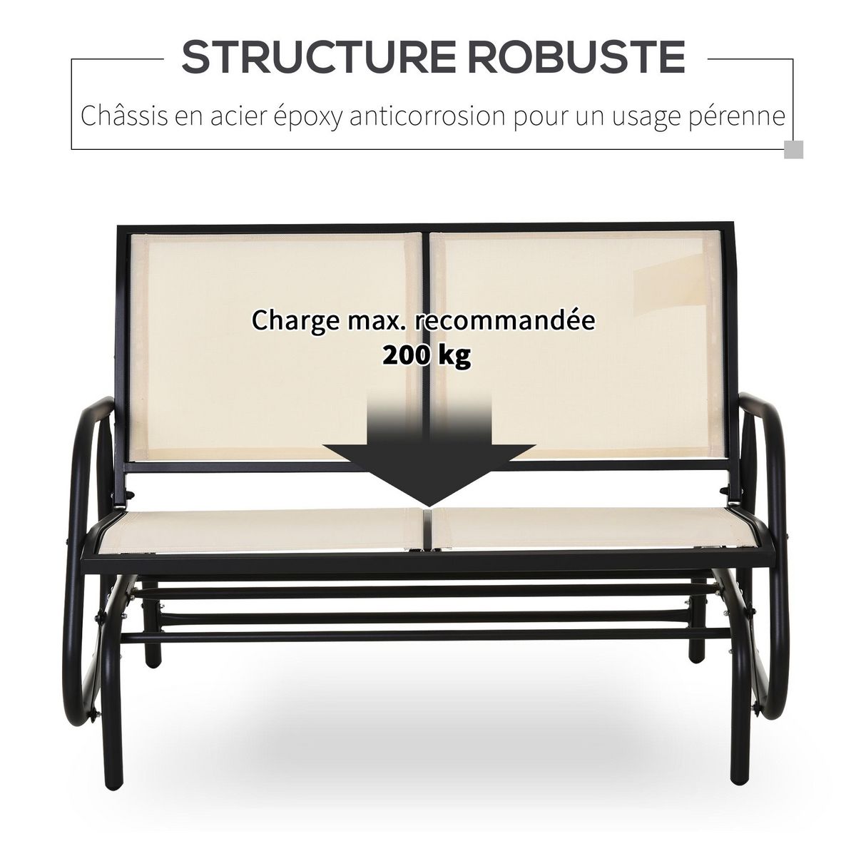 OUTSUNNY Banc à bascule de jardin 2 places design contemporain grand confort accoudoirs assise et dossier ergonomique acier textilène beige