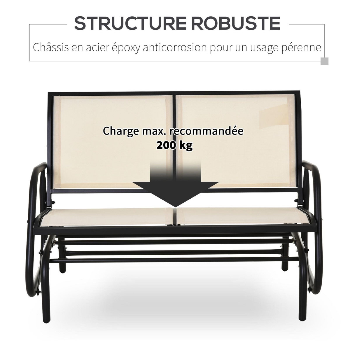 OUTSUNNY Banc à bascule de jardin 2 places design contemporain grand confort accoudoirs assise et dossier ergonomique acier textilène beige