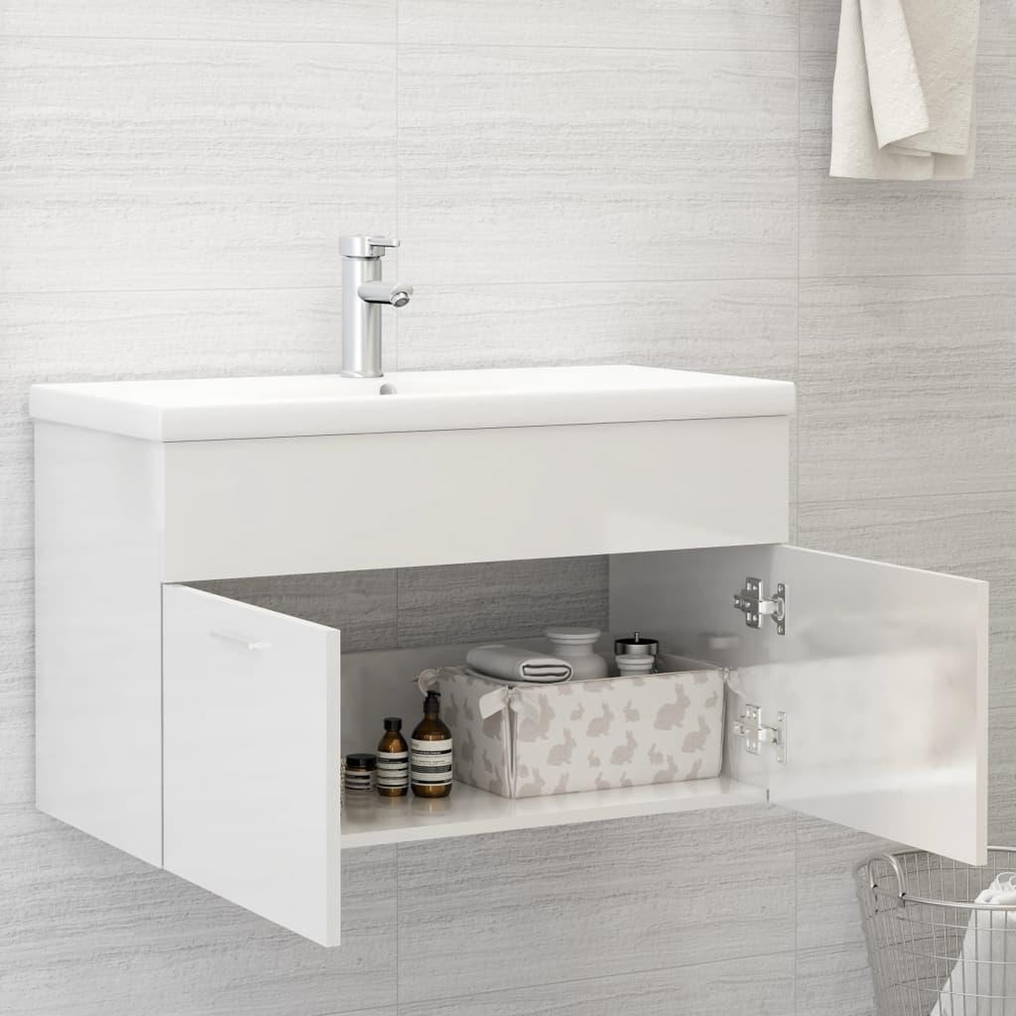 Voir la diapositive 3 : VIDAXL Armoire d'evier avec lavabo integre Blanc brillant Agglomere