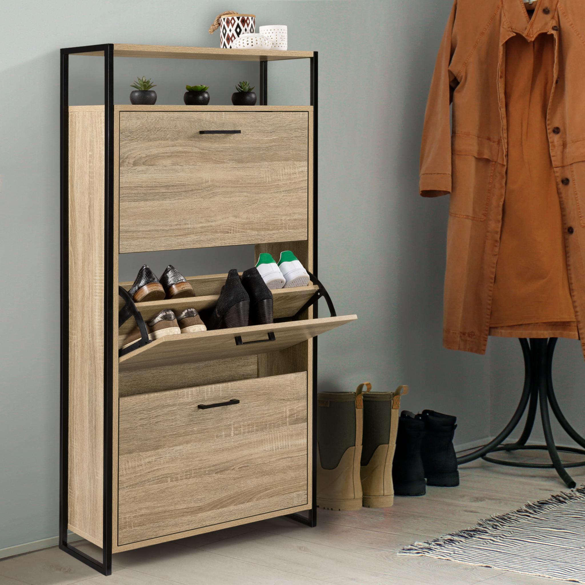 Voir la diapositive 2 : ID MARKET Meuble à chaussures 18 paires luis 3 portes avec étagère supérieure design industriel