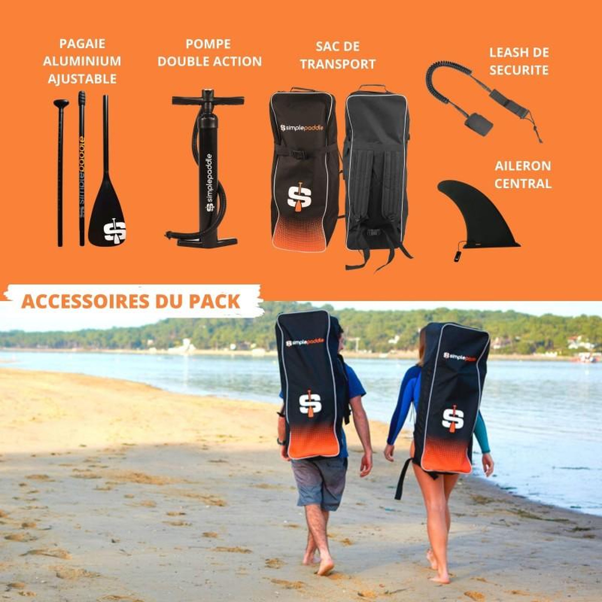 Voir la diapositive 5 : SIMPLE PADDLE Paddle Gonflable S2 10'2  30'' 5'' (310 x 76 x 13 cm) avec Pagaie, Leash, Pompe et Sac de Transport