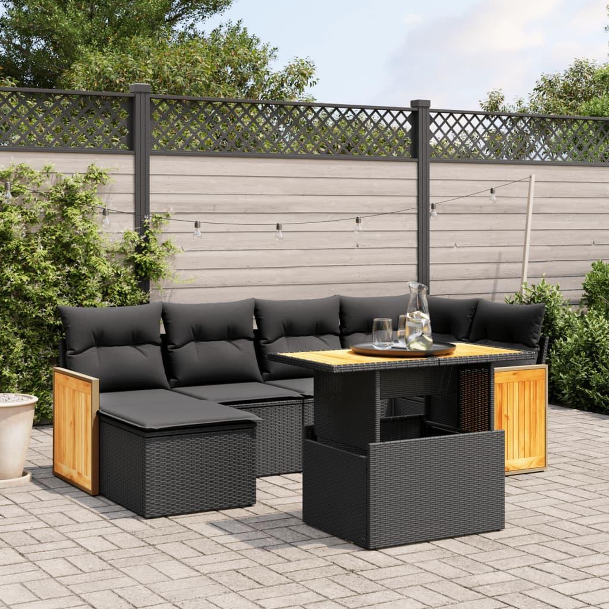 VIDAXL Salon de jardin 7 pcs avec coussins noir resine tressee