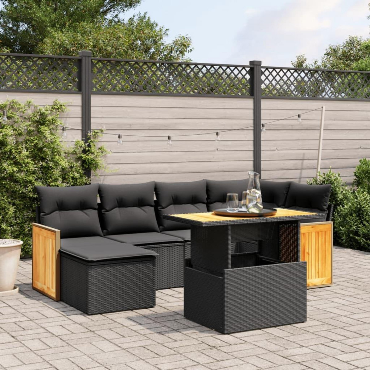 VIDAXL Salon de jardin 7 pcs avec coussins noir resine tressee