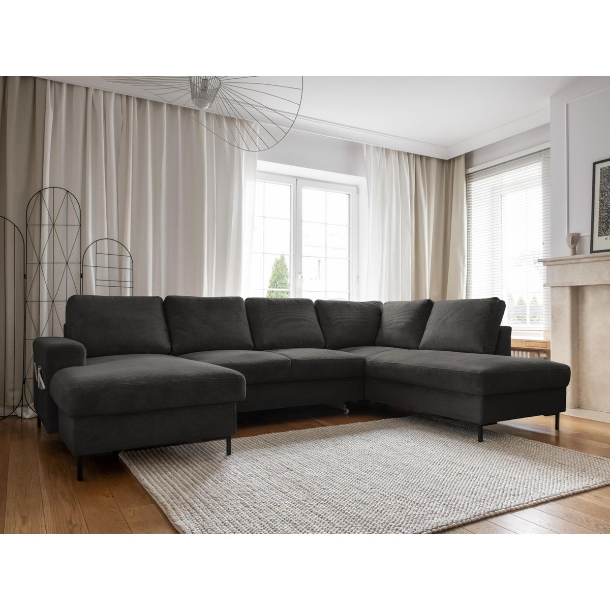 BEST MOBILIER Lilly - canapé panoramique d'angle droit - 7 places - convertible avec coffre - en velours côtelé