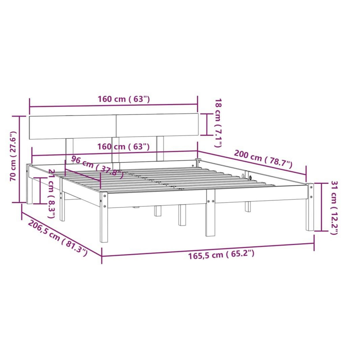 VIDAXL Cadre de lit sans matelas noir bois massif 160x200 cm