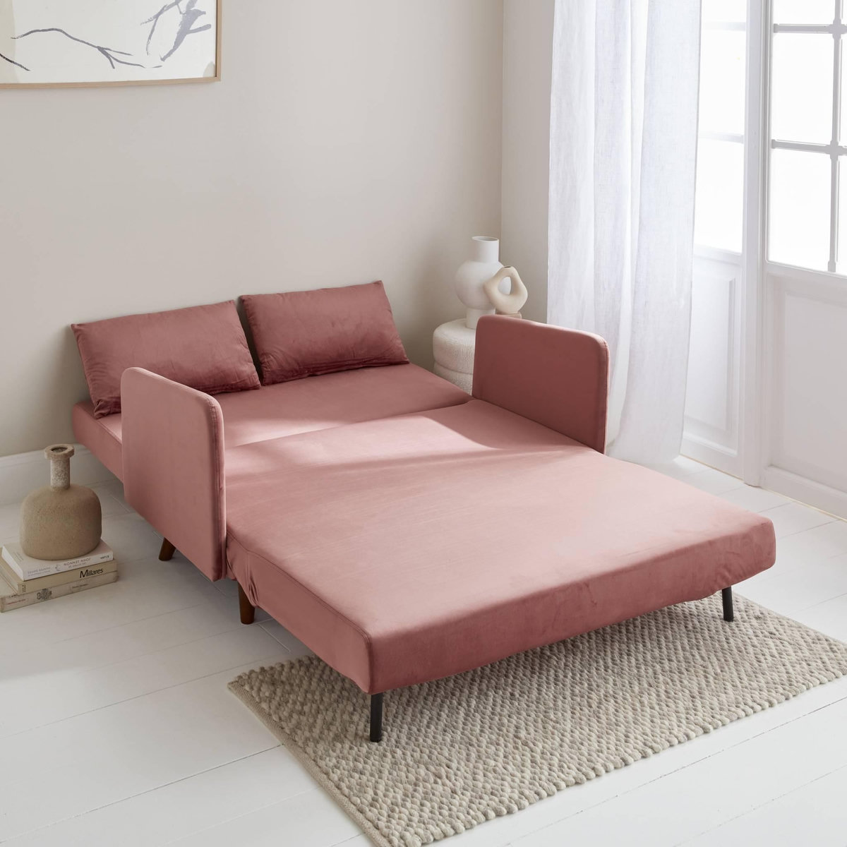 SWEEEK Canapé convertible en velours - Panam - 2 places scandinave. pieds bois foncé. vieux rose. banquette. dossier inclinable