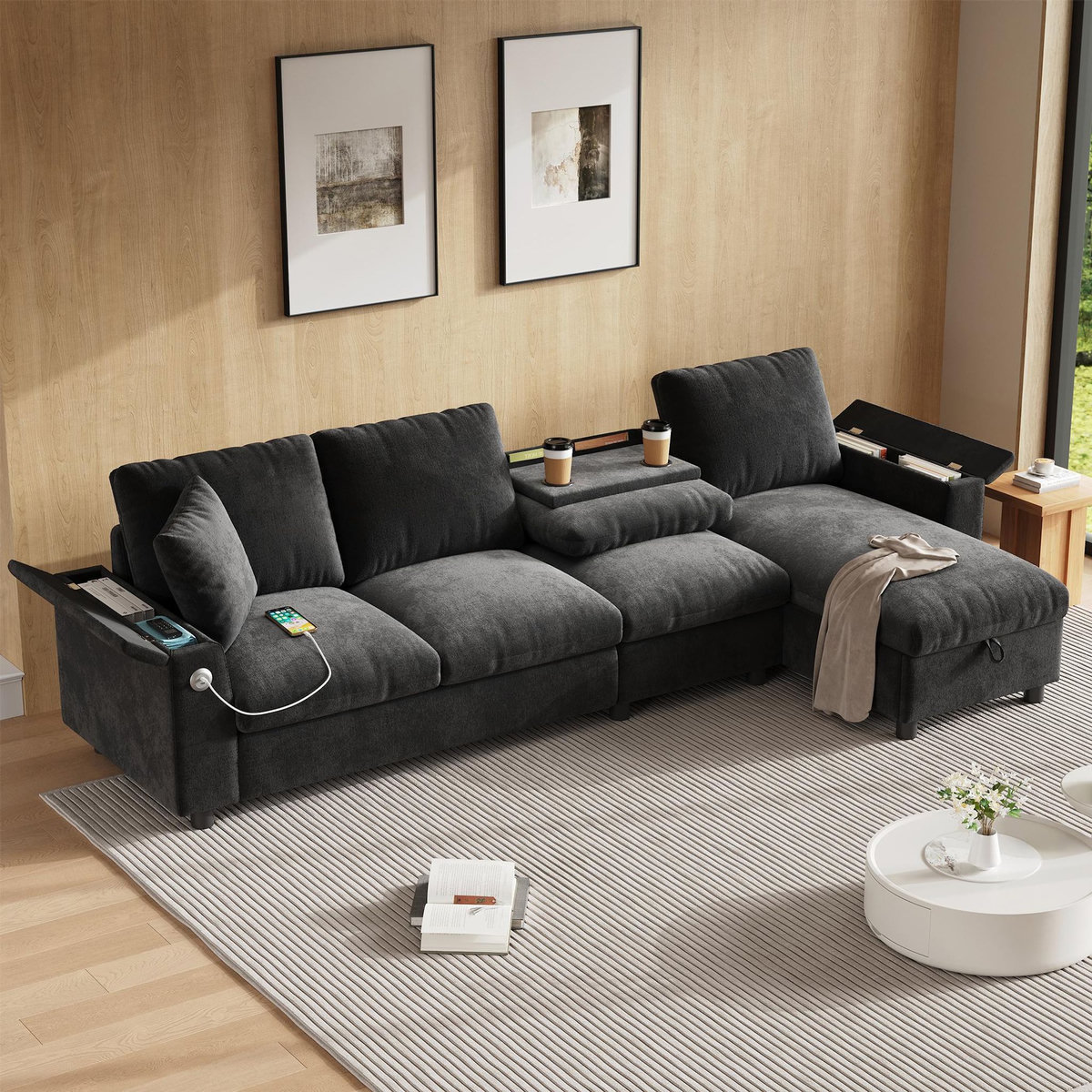 MERAX Canapé d'angle réversible fixe 4 places tissu coffre de rangement