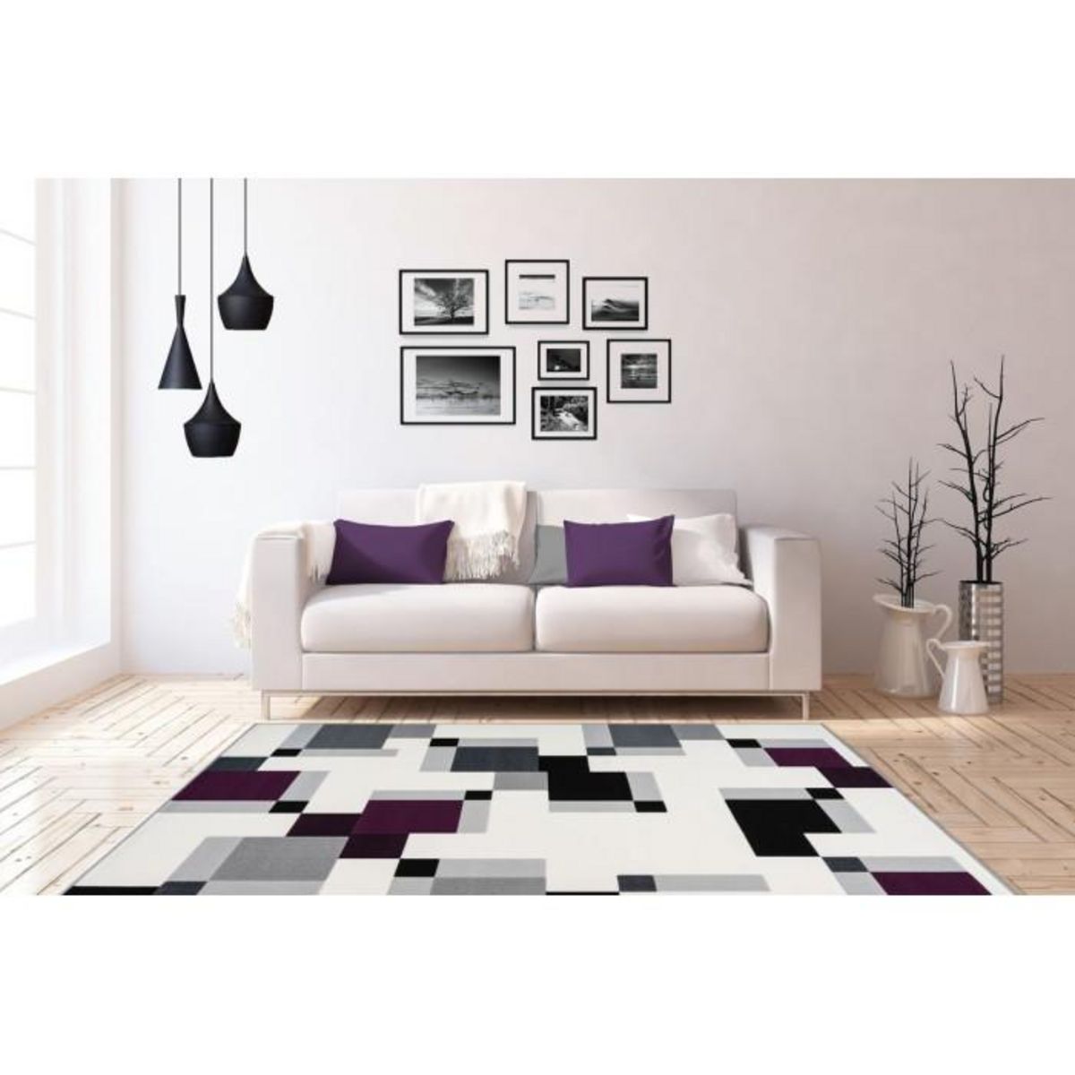 Paris Prix Tapis Géométrique à Poils Courts  Esperanto II  Ivoire & Violet