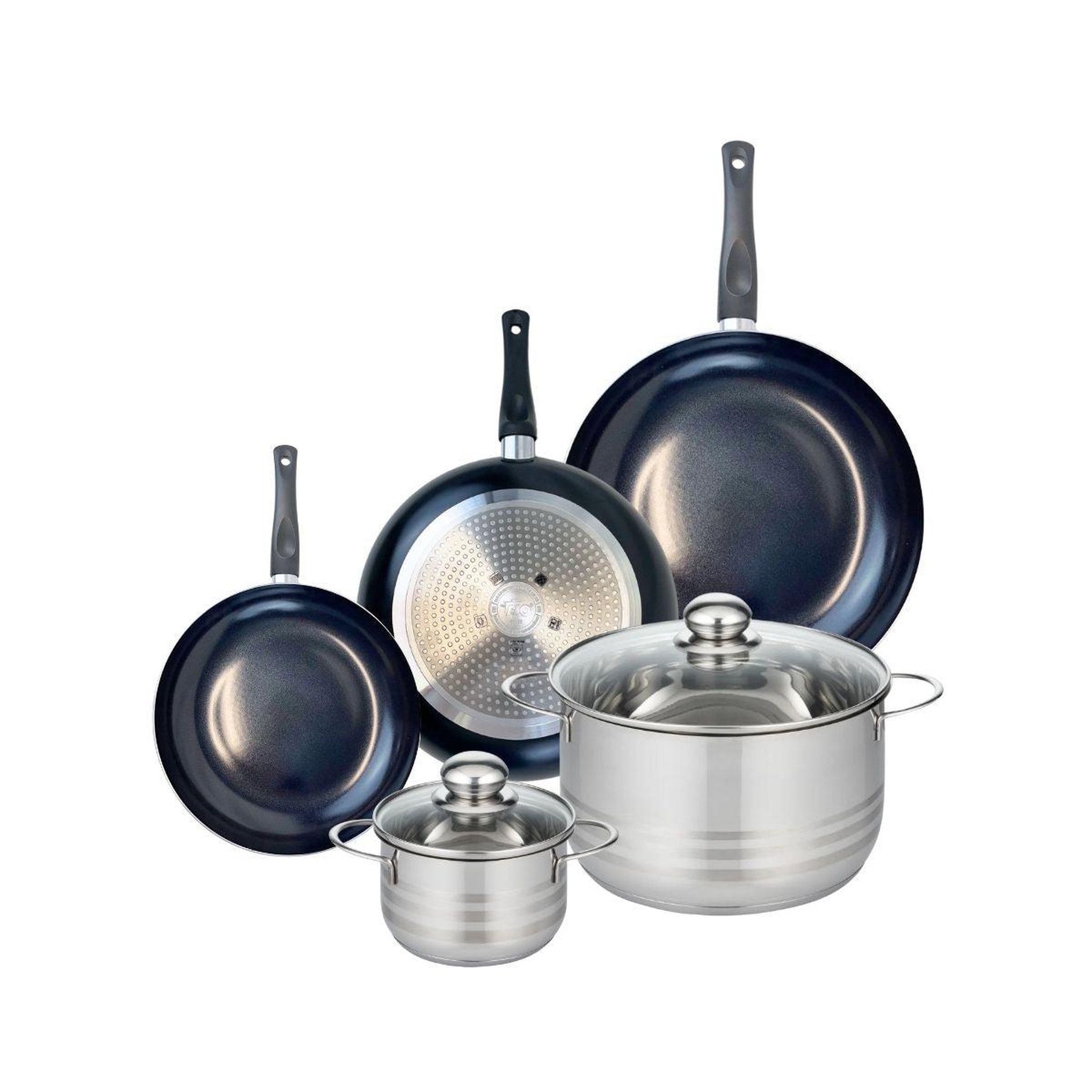 Voir la diapositive 1 : ELO Ensemble de 3 Poêles de cuisson 20, 24 et 28 cm et 2 faitouts 14 et 24 cm Elo Prima Brillant
