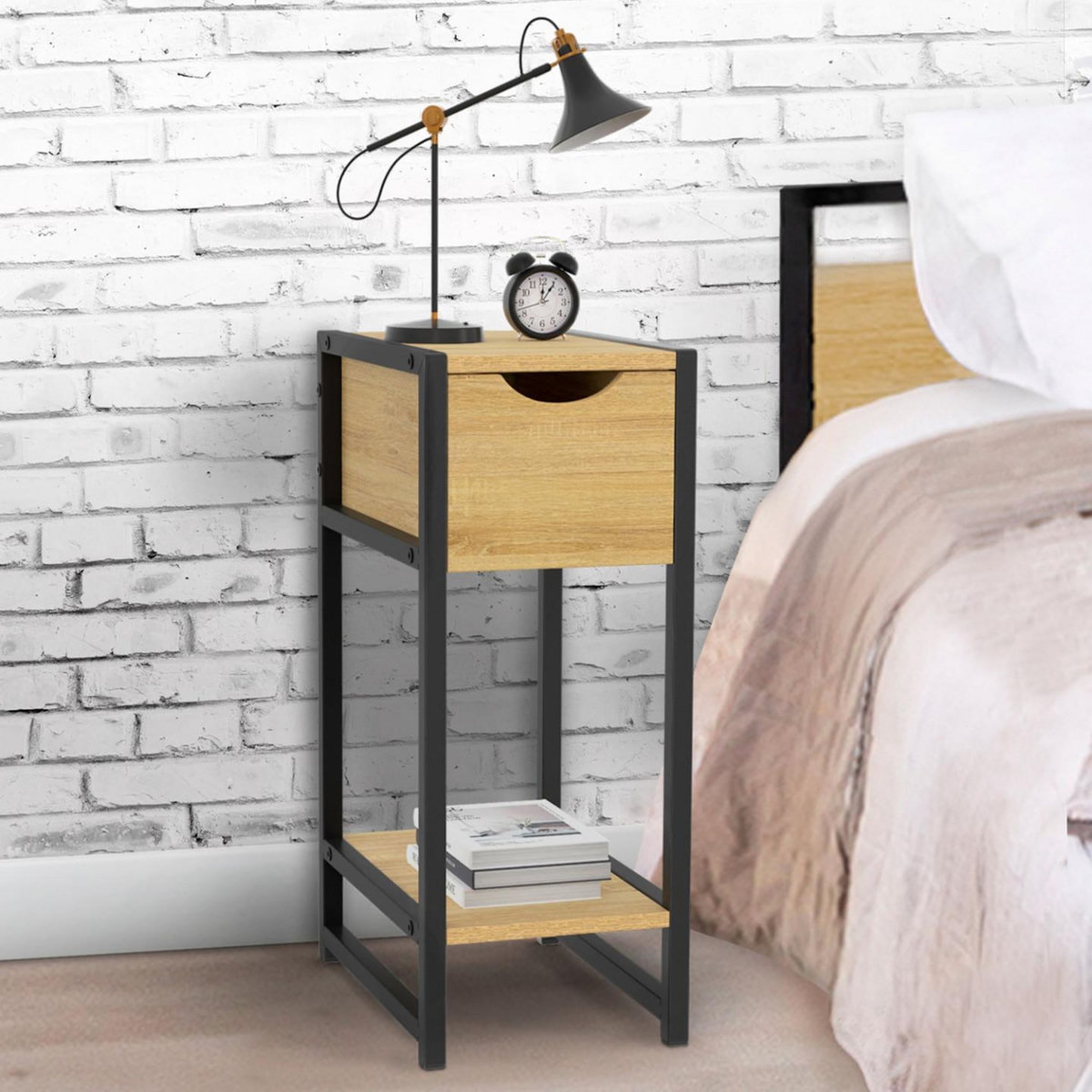 ID MARKET Lot de 2 tables de chevet DETROIT 1 tiroir avec tablette gain de place bois et métal noir design industriel