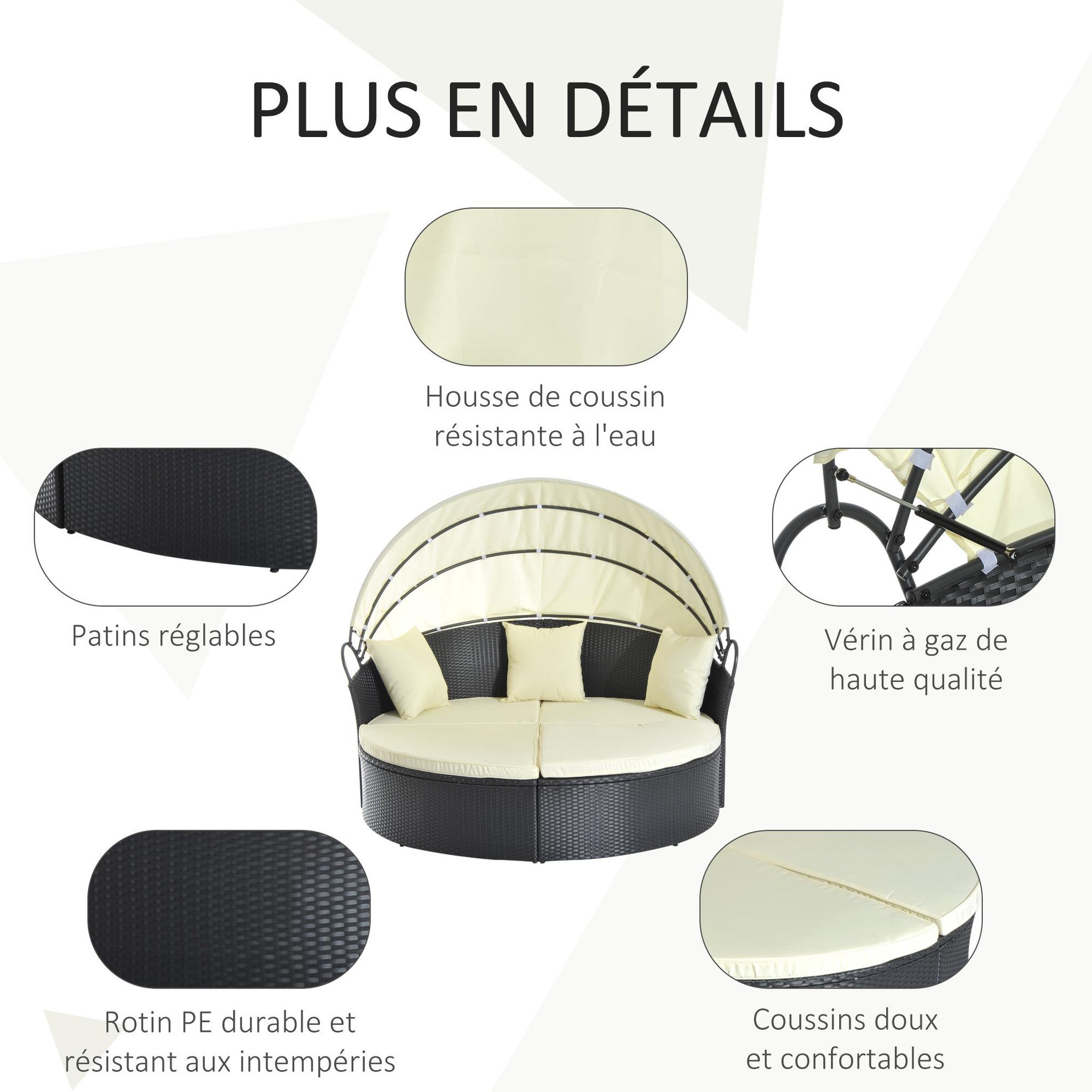 Voir la diapositive 6 : OUTSUNNY Lit canapé de jardin modulable pare-soleil pliable 4 coussins 3 oreillers résine tressée tissu noir beige