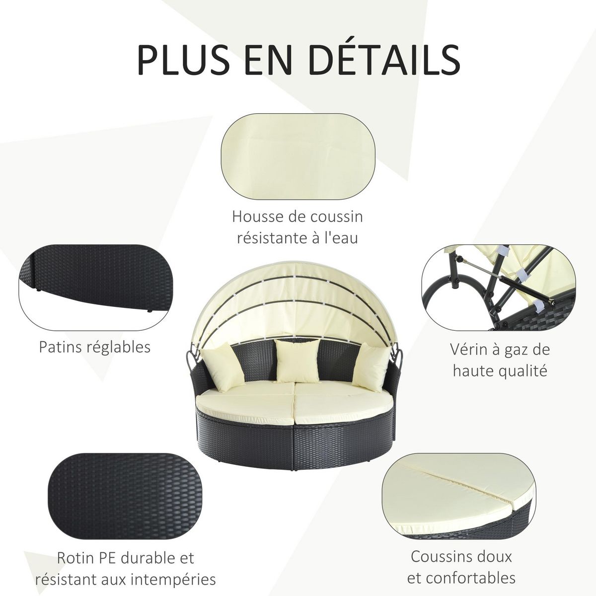 OUTSUNNY Lit canapé de jardin modulable pare-soleil pliable 4 coussins 3 oreillers résine tressée tissu noir beige