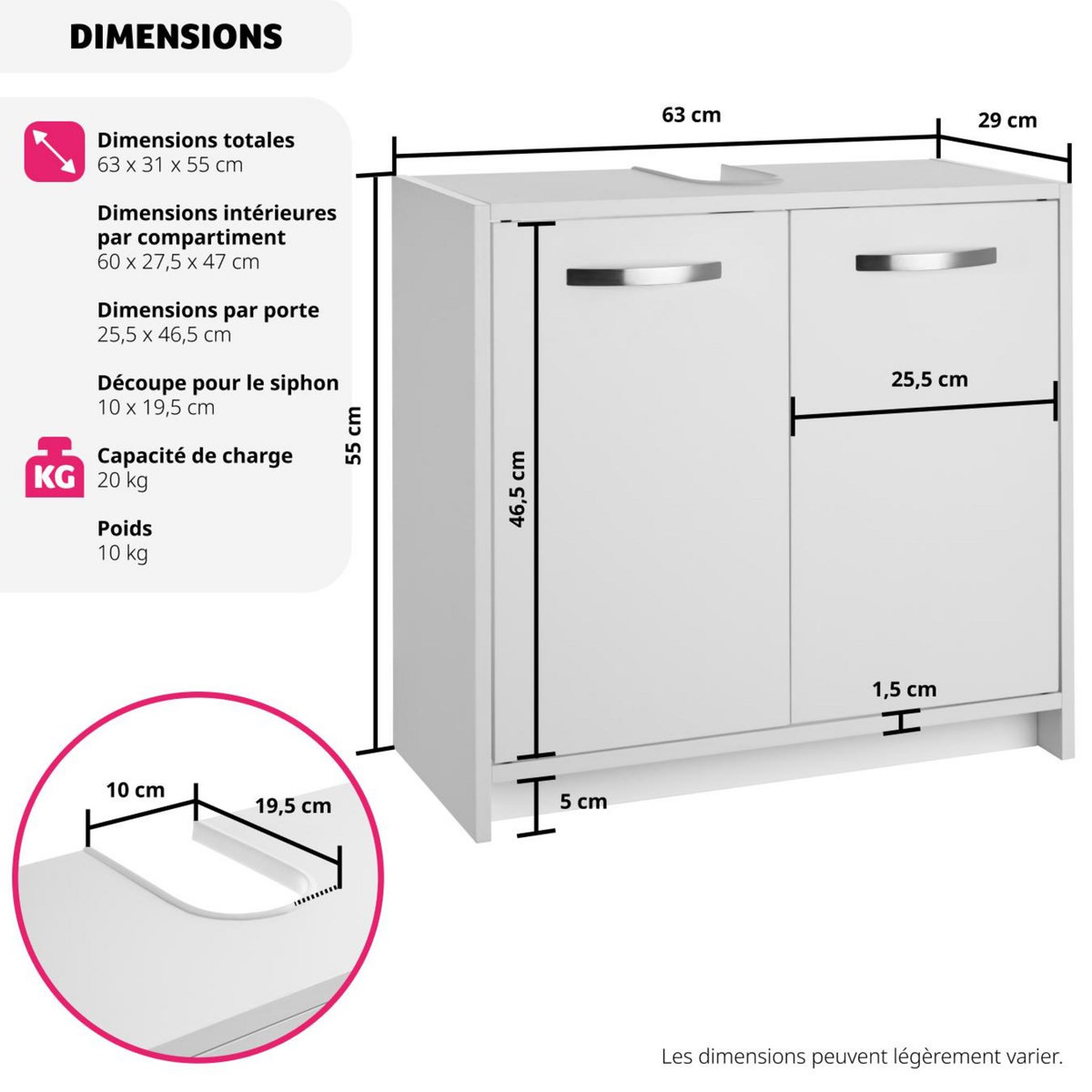 tectake Meuble sous-lavabo grand espace de rangement blanc
