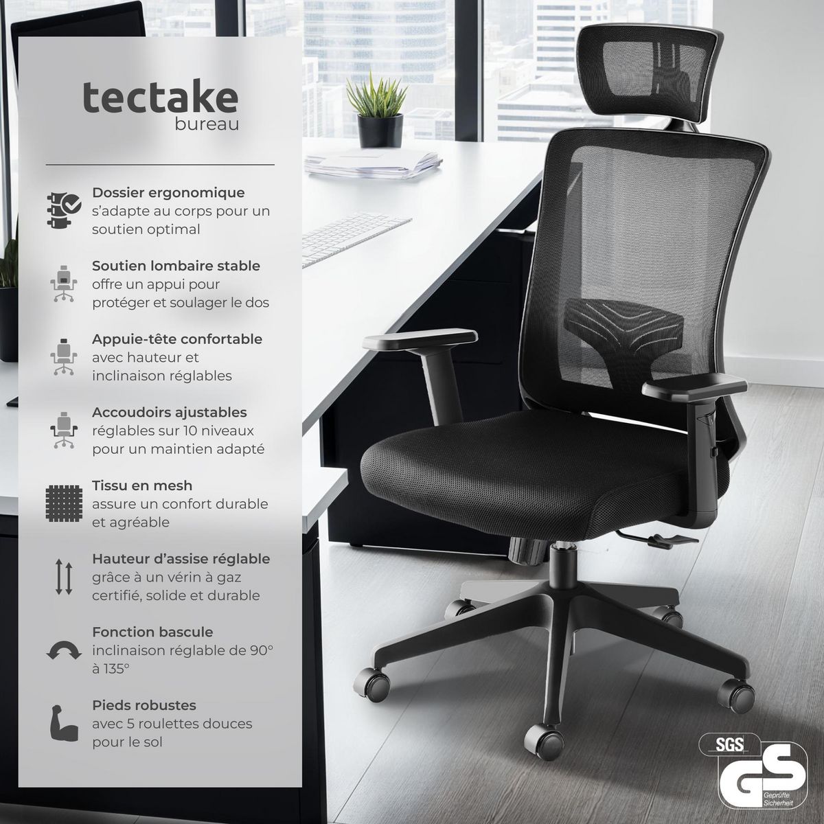 tectake Fauteuil de bureau forme ergonomique avec soutien lombaire et appuie-tête réglables noir