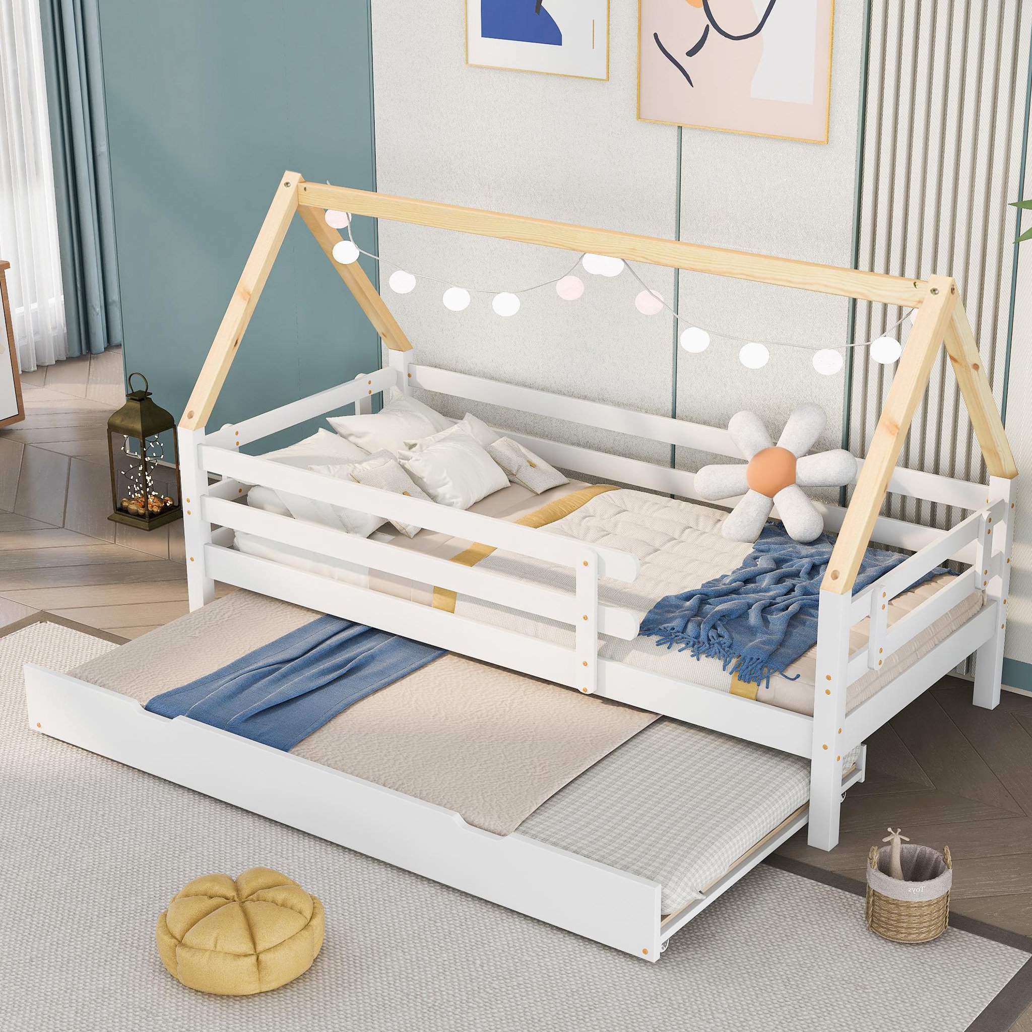 Voir la diapositive 5 : MERAX Lit gigogne 90x200(90x190)cm bois coloris blanc+naturel