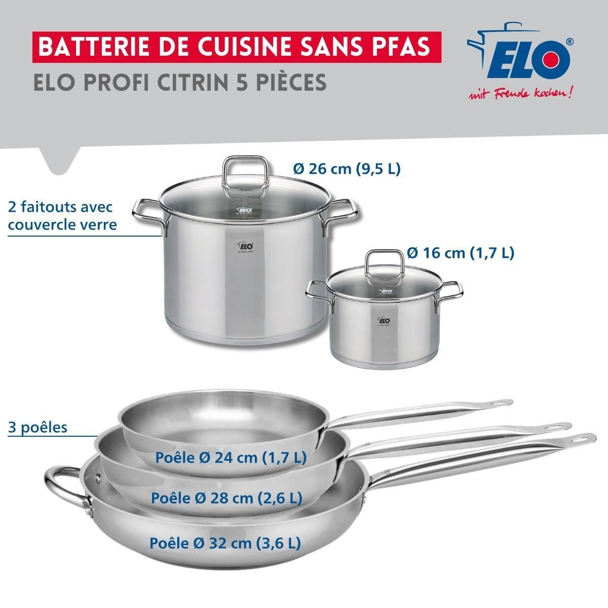 666 Barcelona Ensemble de 3 Poêles de cuisson 24, 28 et 32 cm et 2 faitouts 16 et 26 cm Elo Profi Citrin