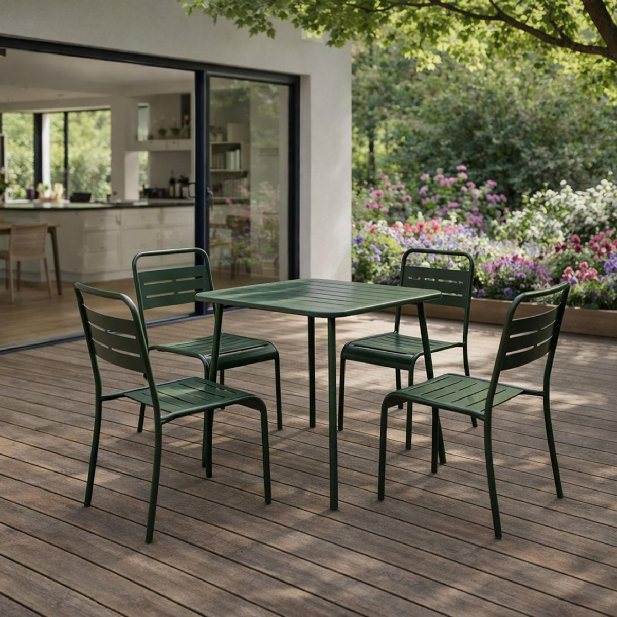 CONCEPT USINE Ensemble table de jardin carrée 70cm et 4 chaises vert BERGAME