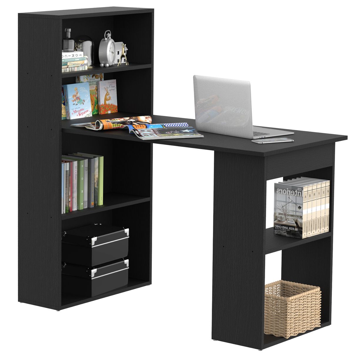 HOMCOM Bureau informatique 120L x 55l x 120H cm bibliothèque adjacente multi-rangements noir