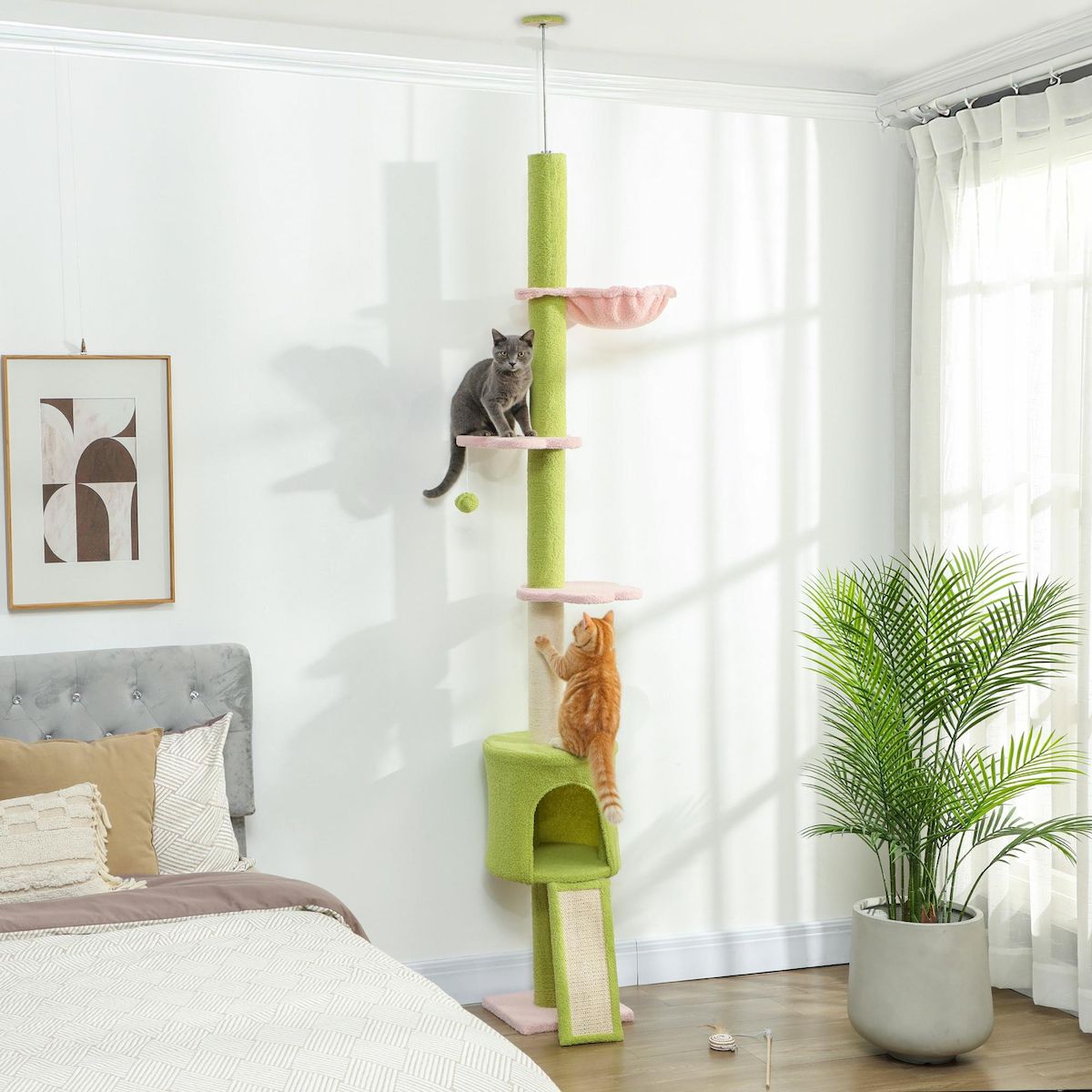 PAWHUT Arbre à chat du sol au plafond réglable H.220-240cm - 5 niveaux - griffoirs, grattoir - bouclette vert