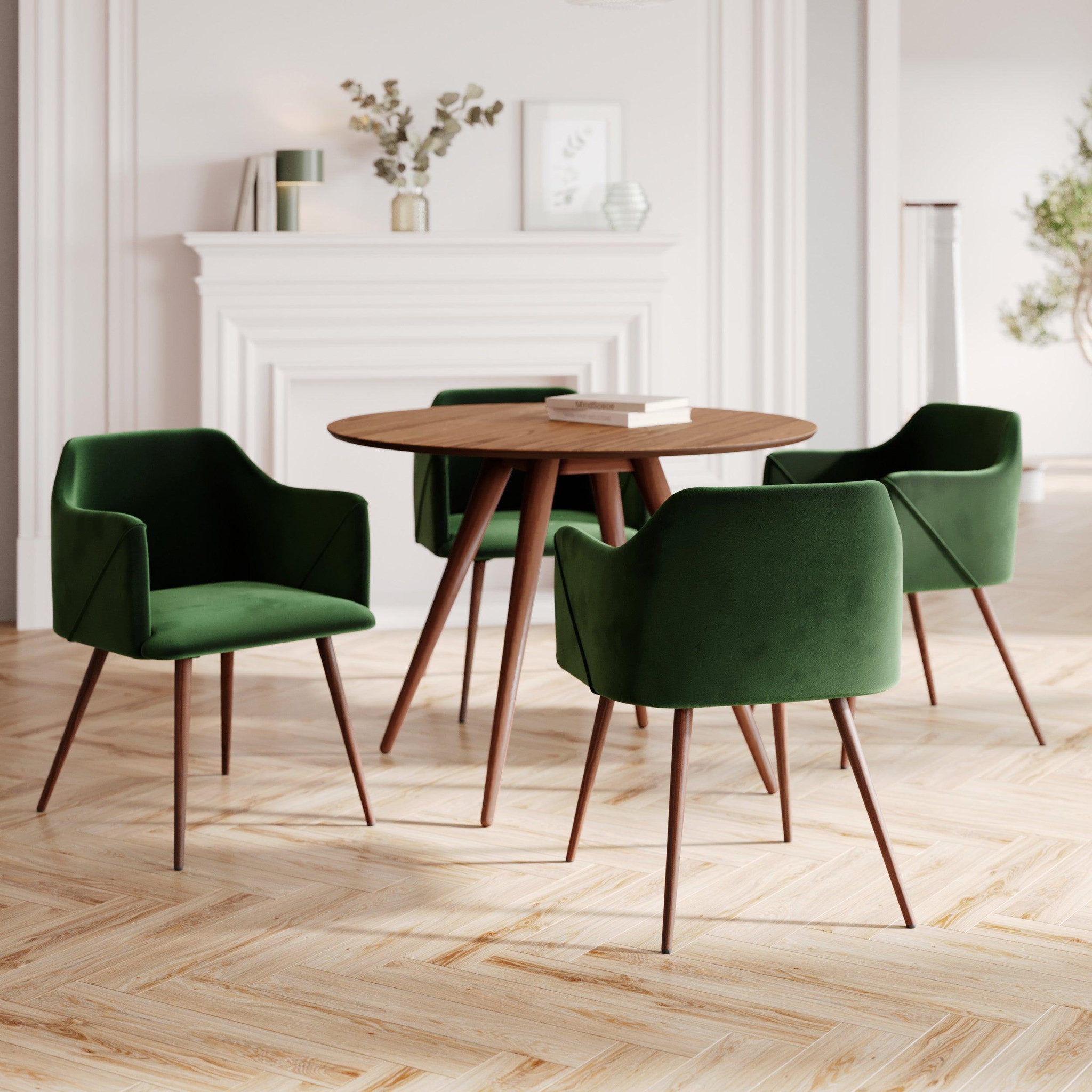 Voir la diapositive 2 : MAISON PAVANE Table et chaises 4 personnes en velours vert et bois-liwa