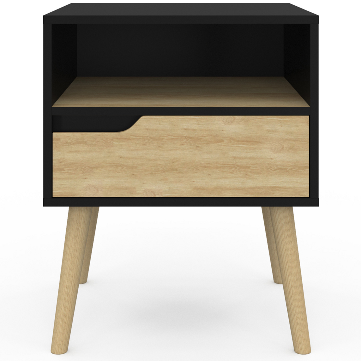 ID MARKET Lot de 2 tables de chevet HELSINKI scandinaves 1 tiroir avec niche noir et effet hêtre