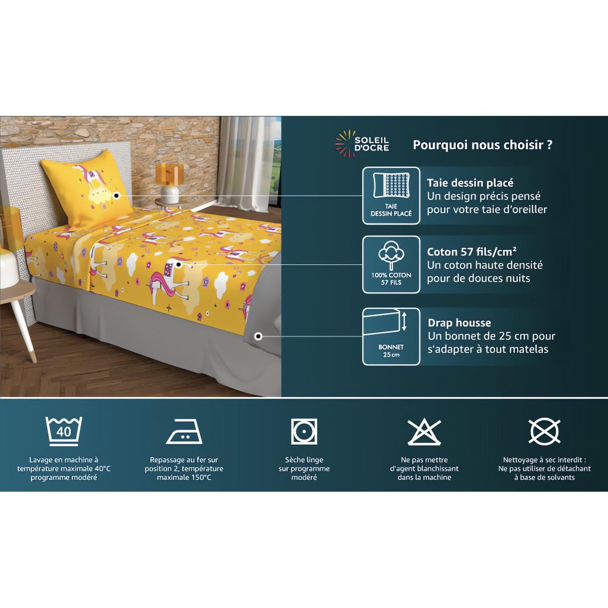 Voir la diapositive 4 : SOLEIL D'OCRE Parure de draps 180x290 cm POMPIERS, 100% coton 57 fils/cm2, par Soleil d'Ocre
