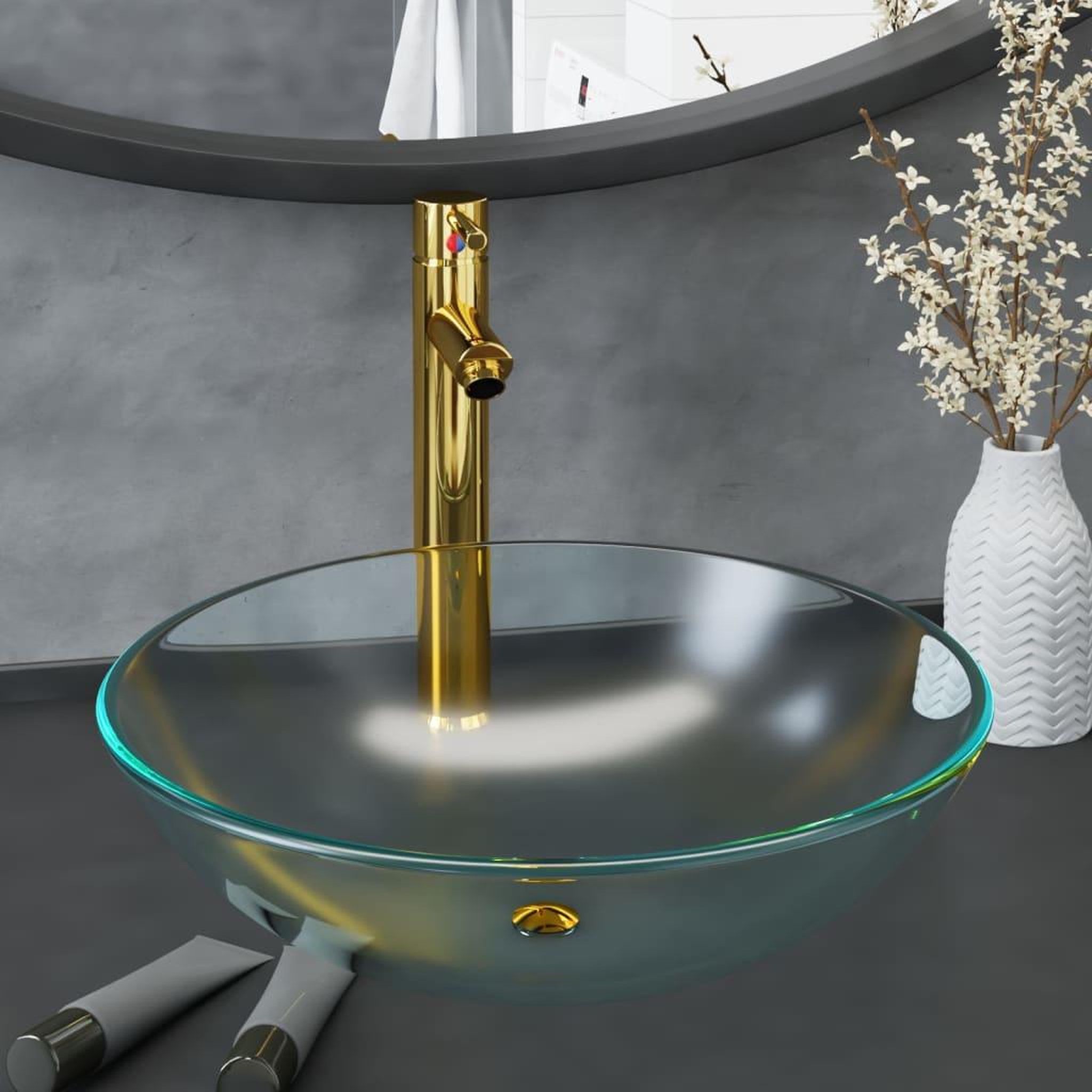 VIDAXL Lavabo de bain avec robinet et drain a poussoir Verre trempe